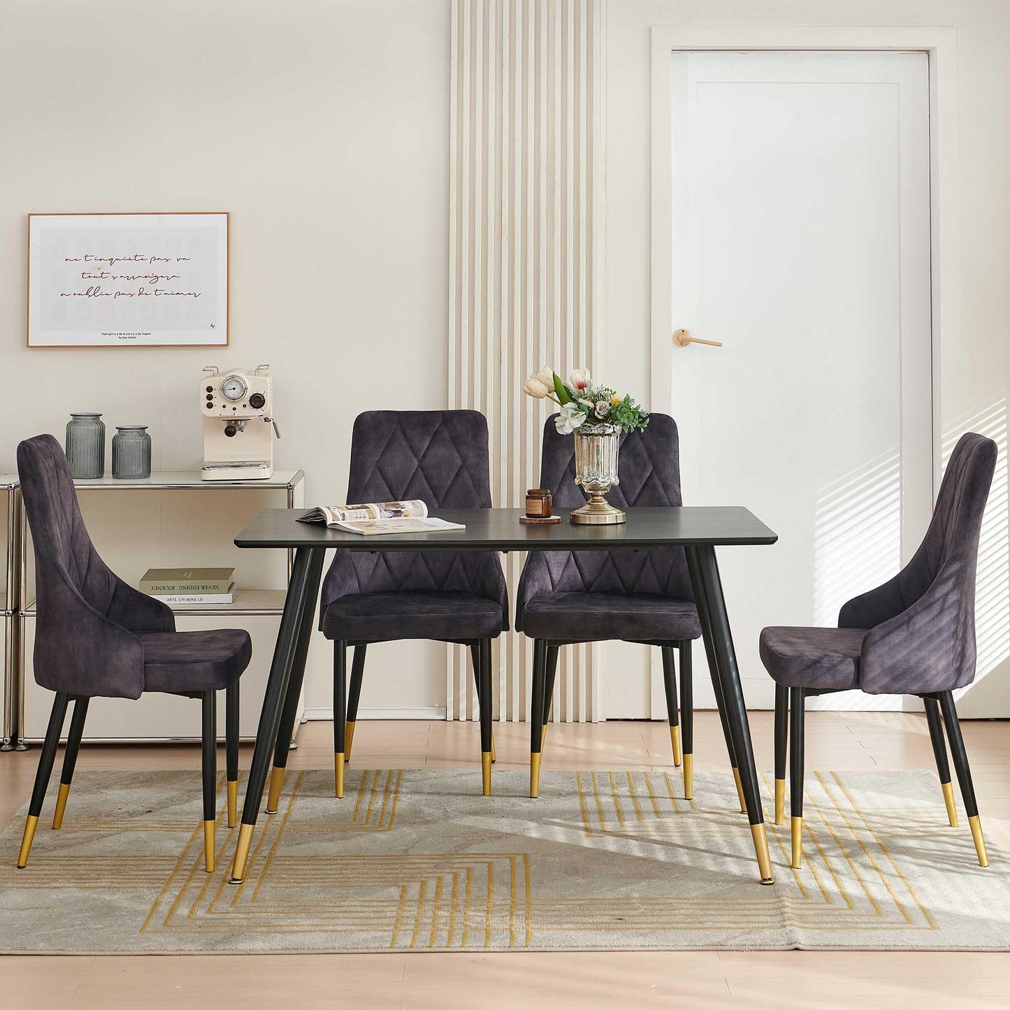 Kitchen Table and Chairs Set, Grey Glass Round Table with Metal Legs, 4 Chairs