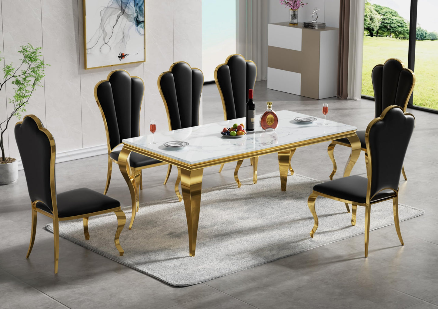 70 Inch White Marble Kitchen Table with Gold Mirrored Cabriole Legs