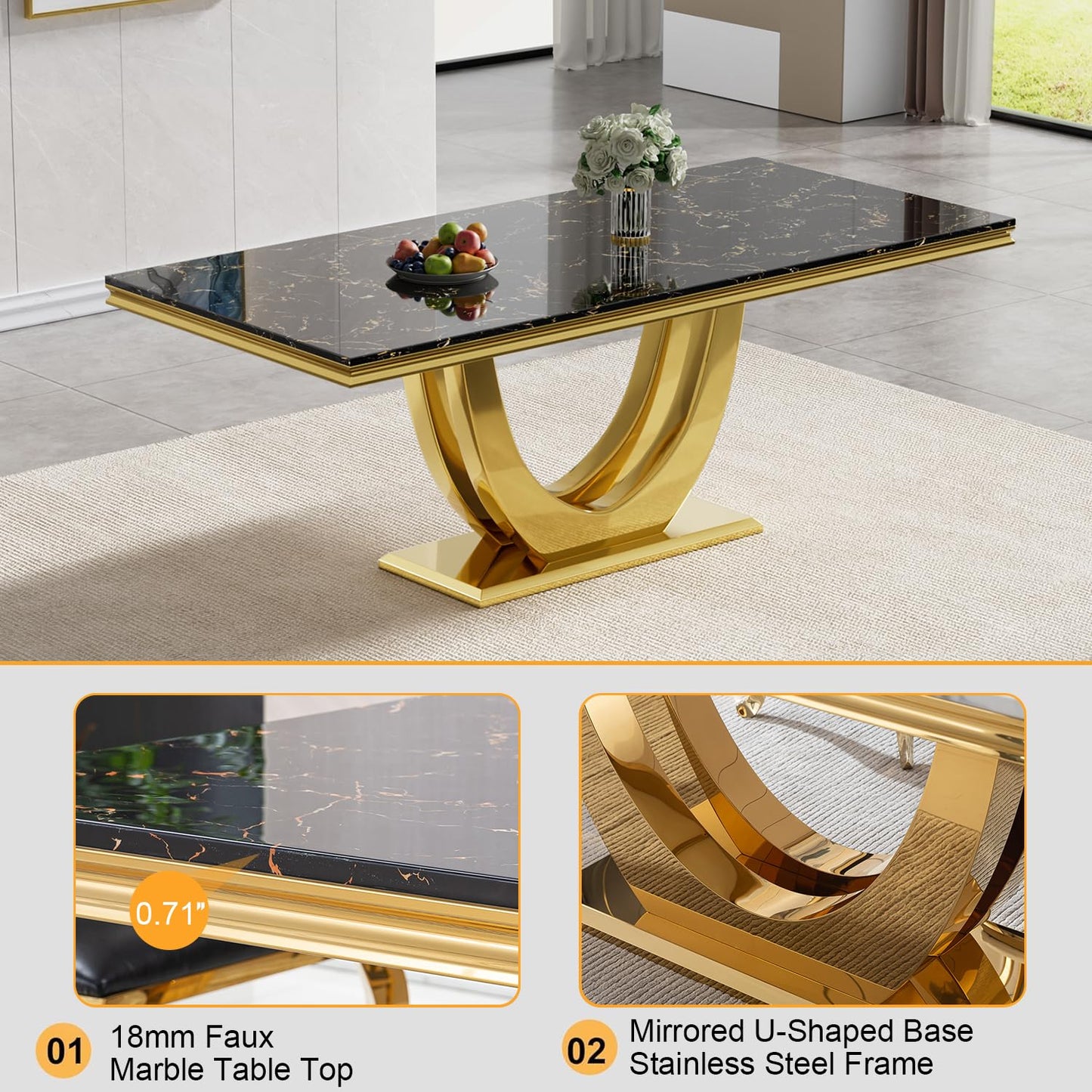 70 Inch White Marble Kitchen Table with Gold Mirrored Cabriole Legs