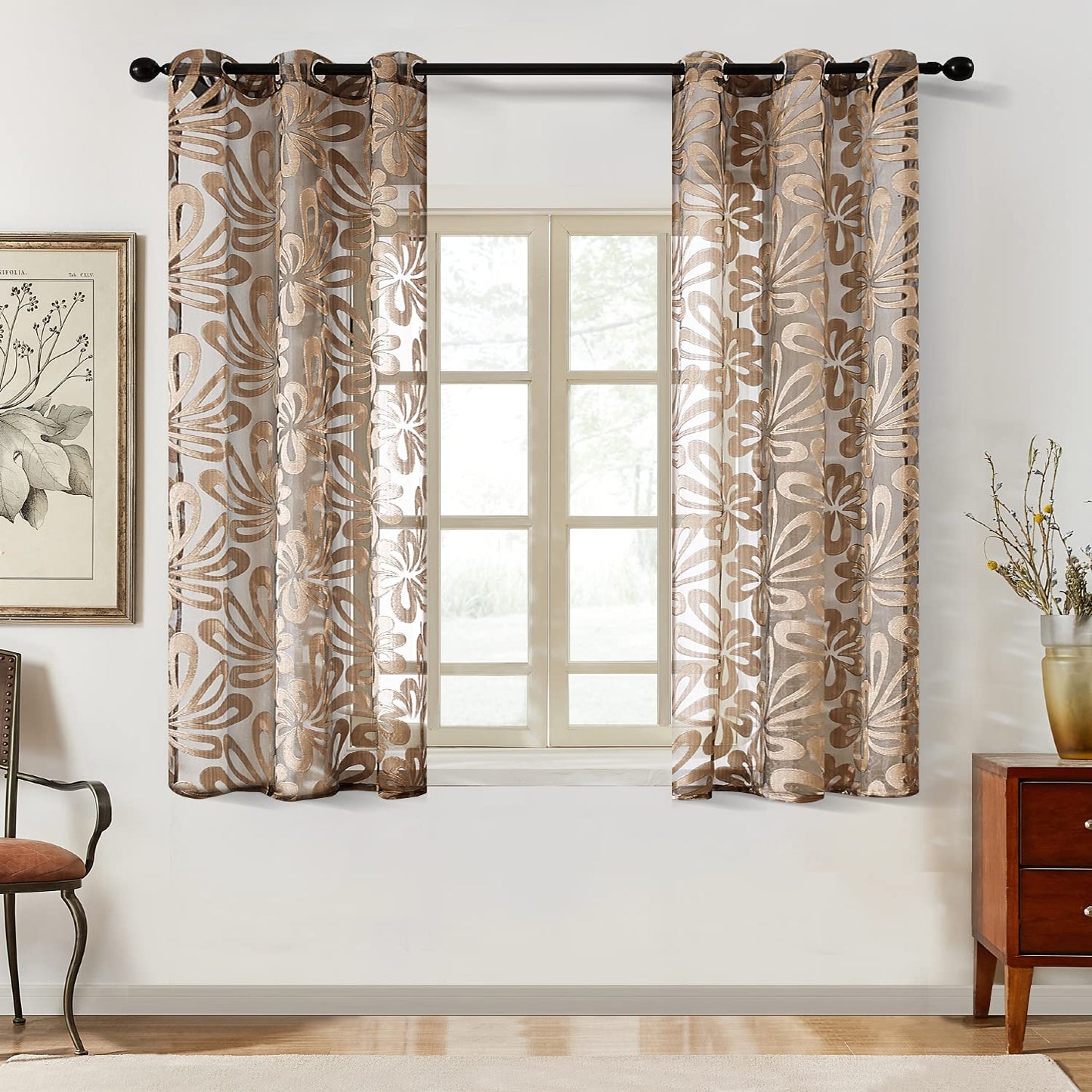 Floral Voile Sheer Curtains 84 Inches Long - Window Treatments 2 Panels