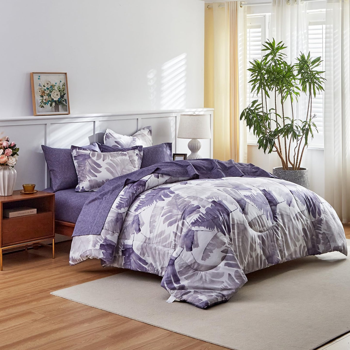 Purple Leaves Bed in a Bag 7 Pieces Floral White Comforter Sheet Set