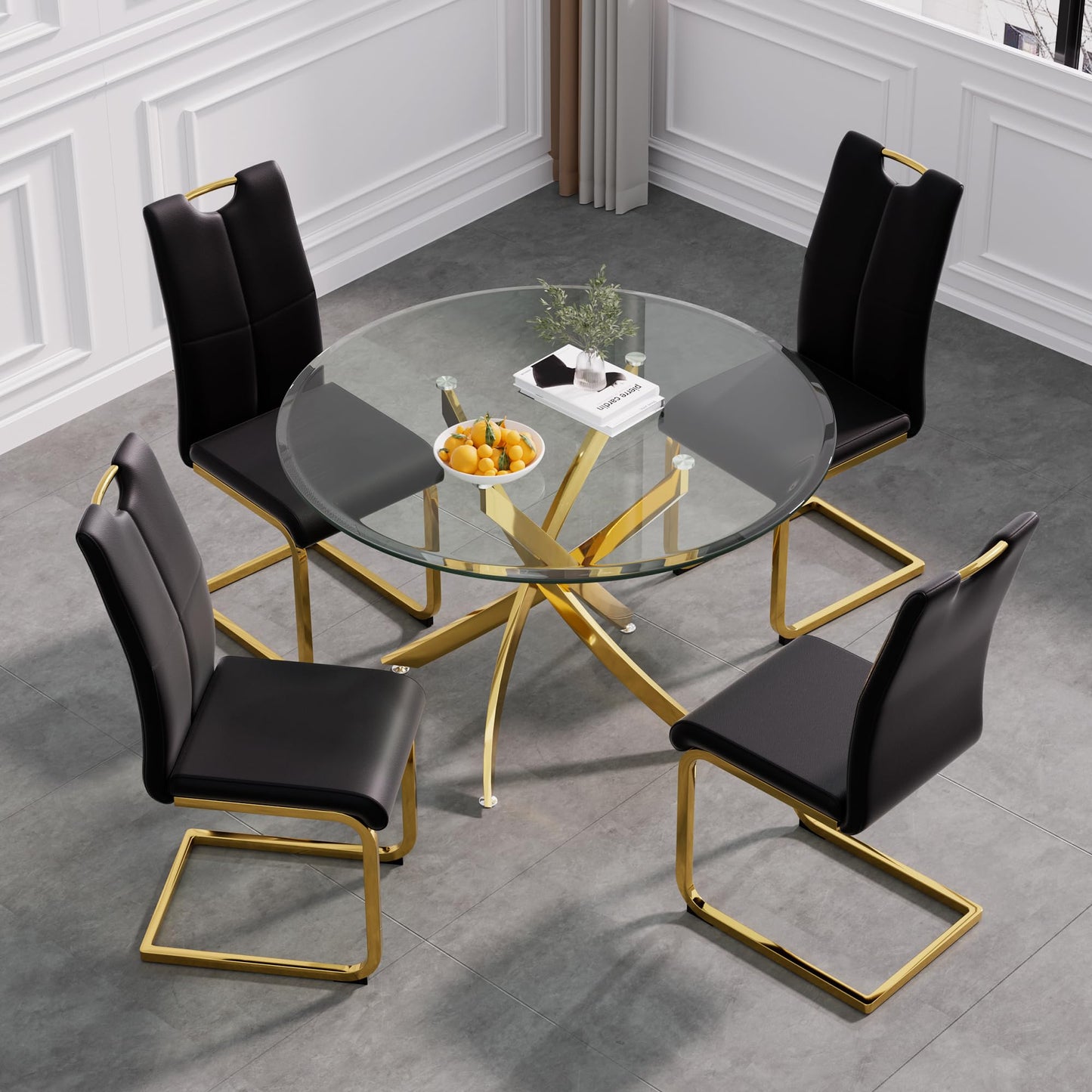 5 Piece Round Glass Dining Table Table Set, Round Glass with 4 PU Dining Chairs