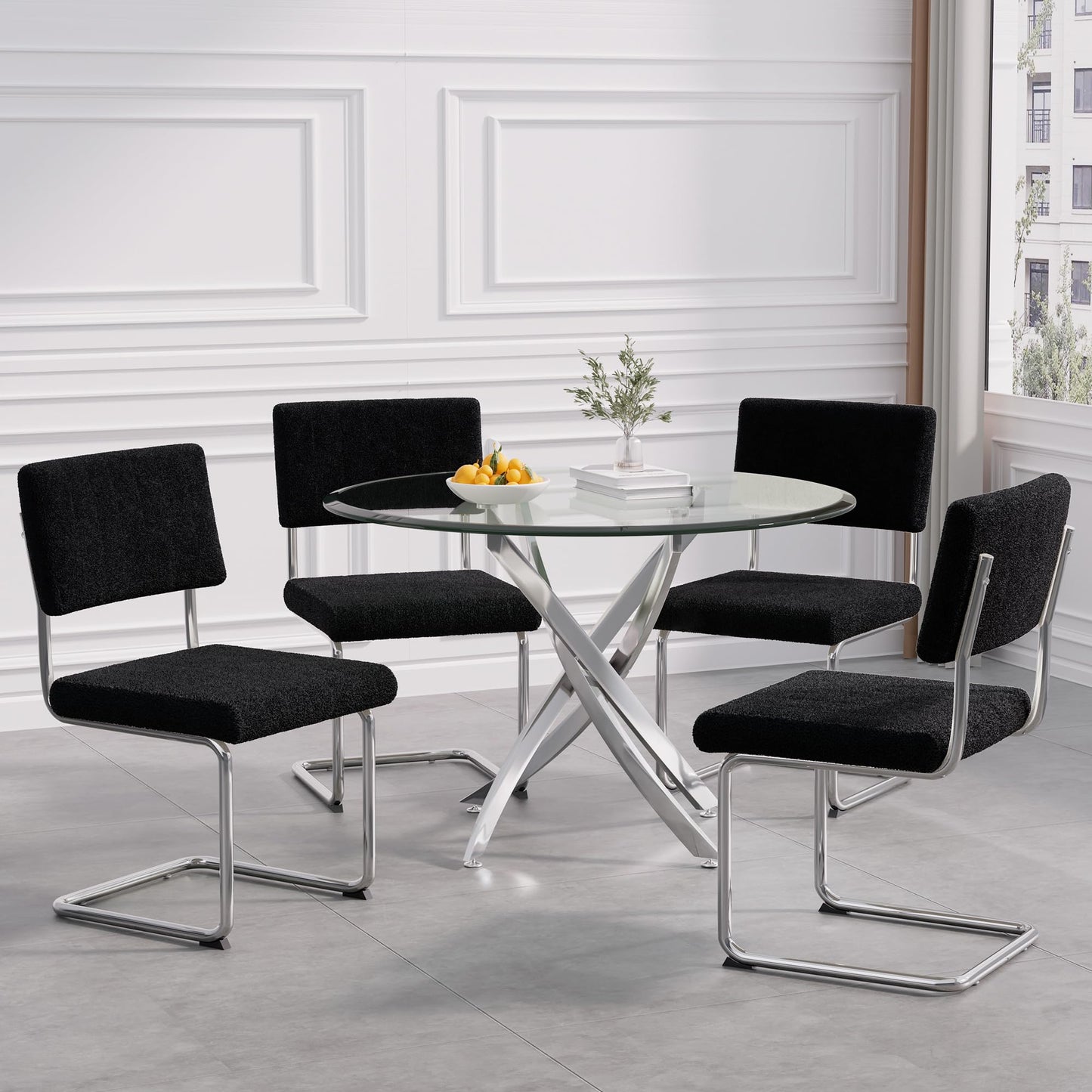 5 Piece Round Glass Dining Table Table Set, Round Glass with 4 PU Dining Chairs