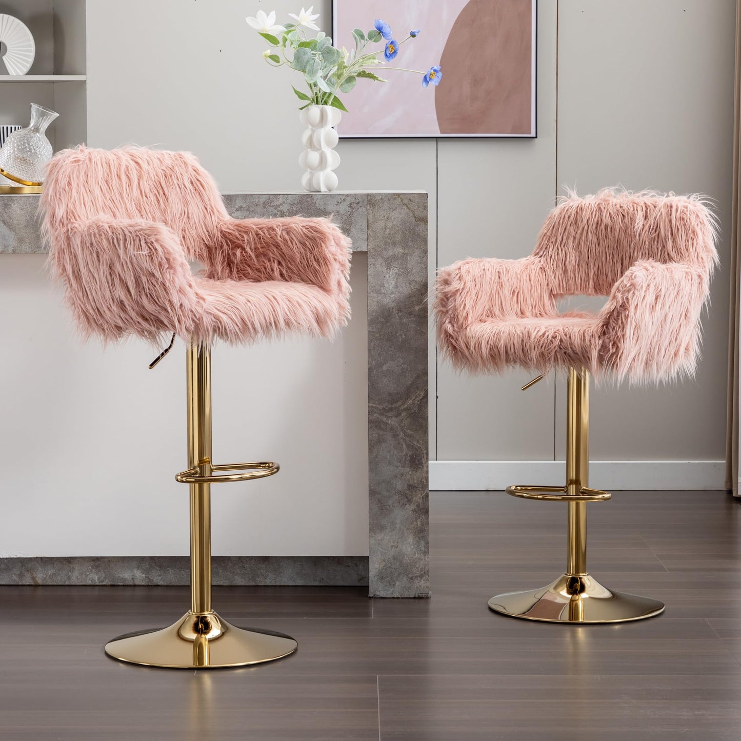 Pink Bar Stools Set of 2, Fuzzy Gold Counter Stools for Kitchen Island