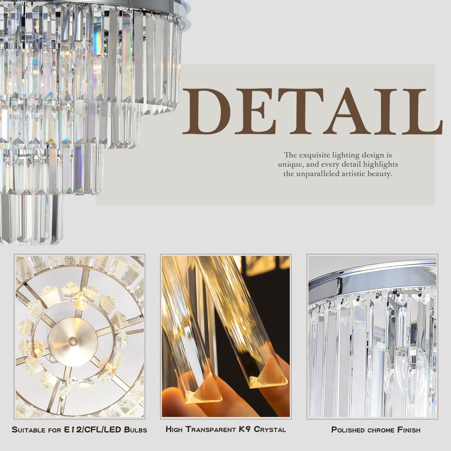 Luxury Smoke Crystal Chrome Chandelier, 8 Lights Pendant