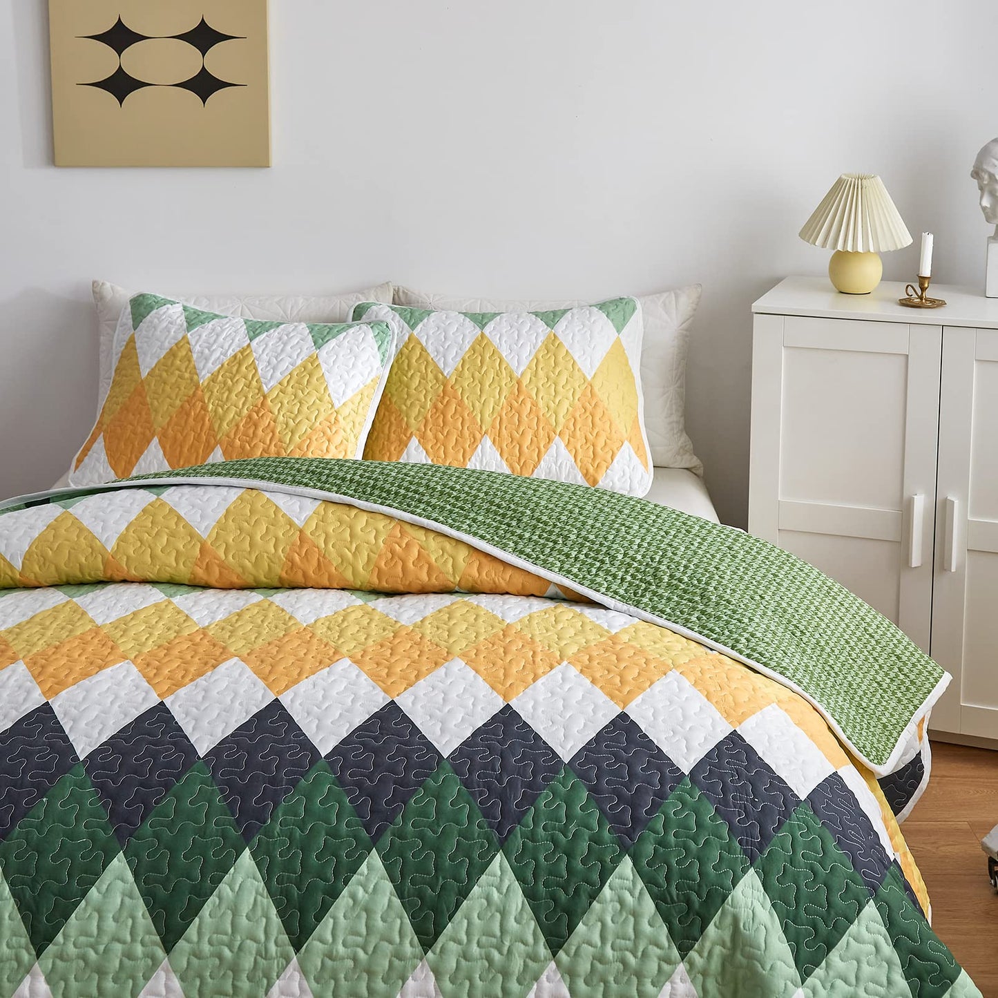 Yellow Green Rhomb Plaid Quilt Set 3pc Queen Size Reversible Coverlet