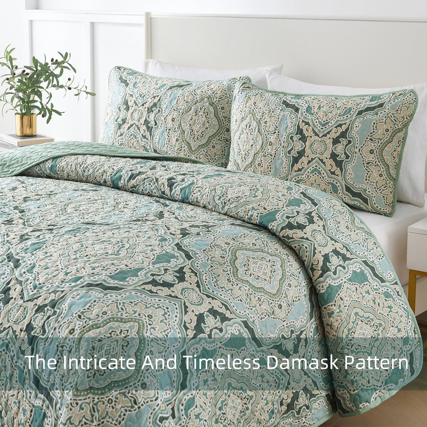 Blue Quilt Set Queen Size Boho Damask Bedspread Sets