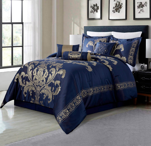 7-Piece Jacquard Floral Comforter Set (Queen, Navy/Gold)