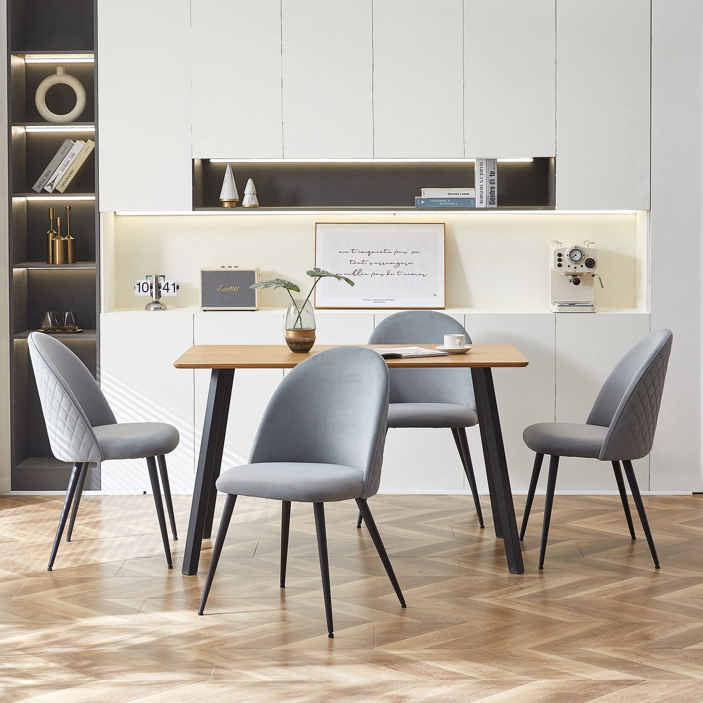 Modern Dining Table Set for 4 with Upholstered Dining Chairs Velvet