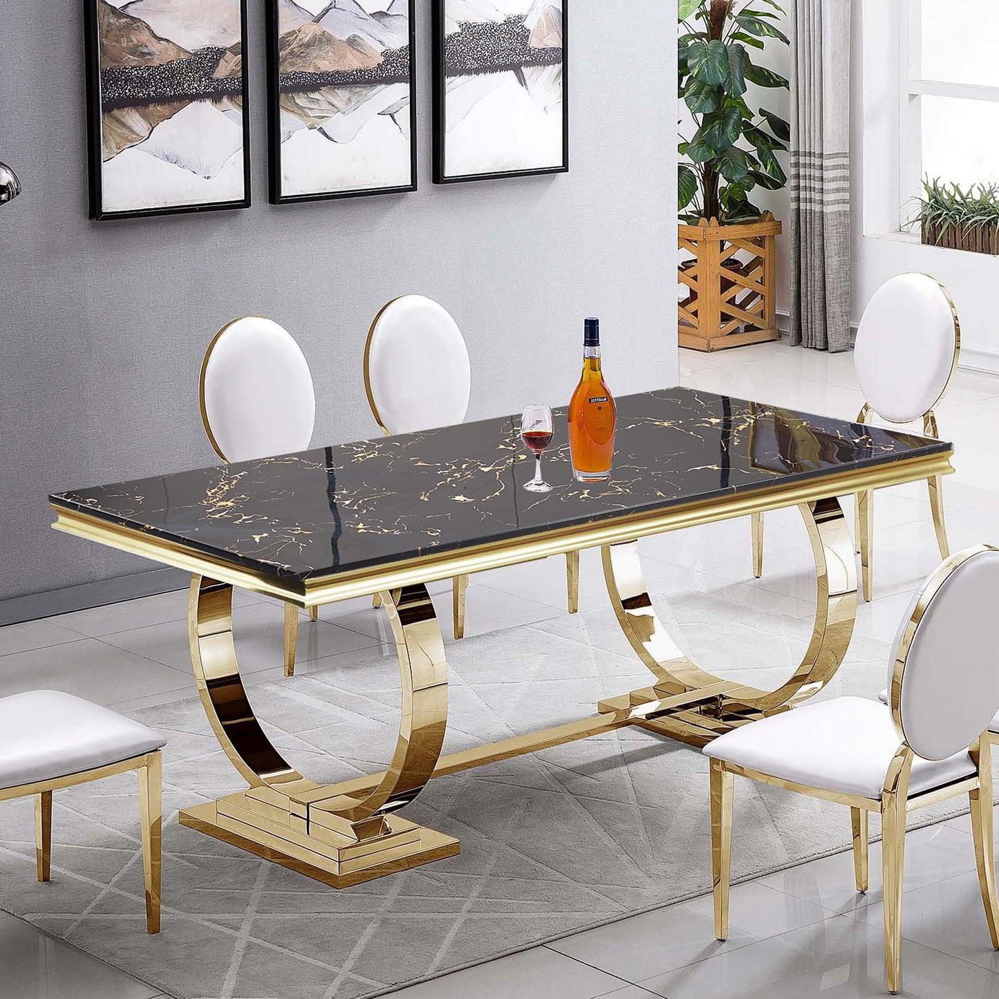 70 Inch White Marble Kitchen Table with Gold Mirrored Cabriole Legs