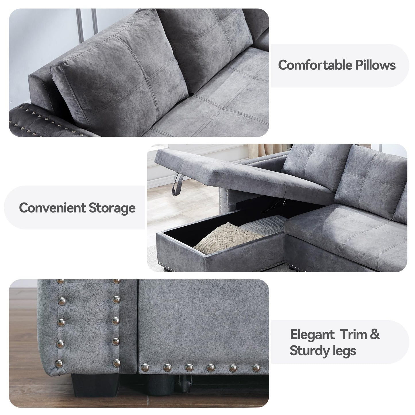 Reversible Sectional Comfy Sleeper Sofa with Pull Out Bed Storage Oversized 91 inches