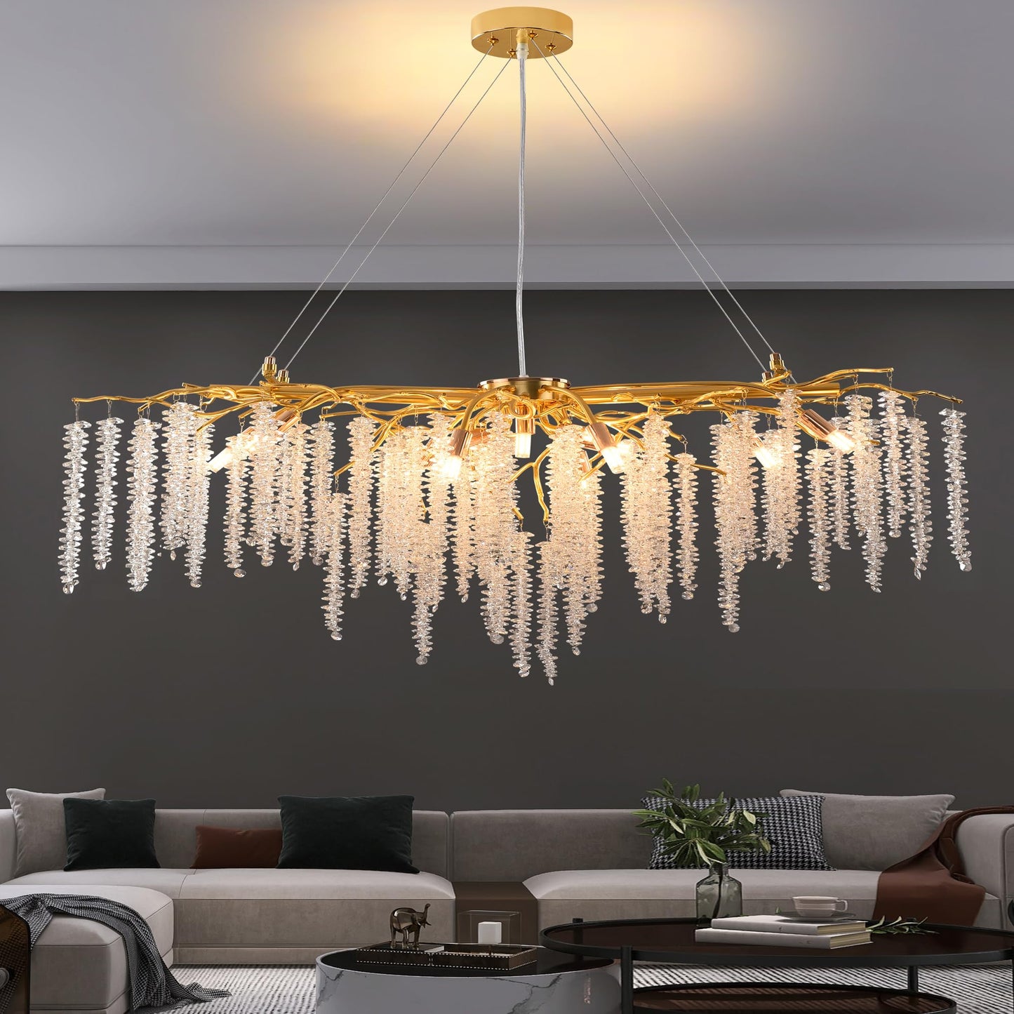 Modern Crystal Tree Branches Chandelier Gold Round Raindrop