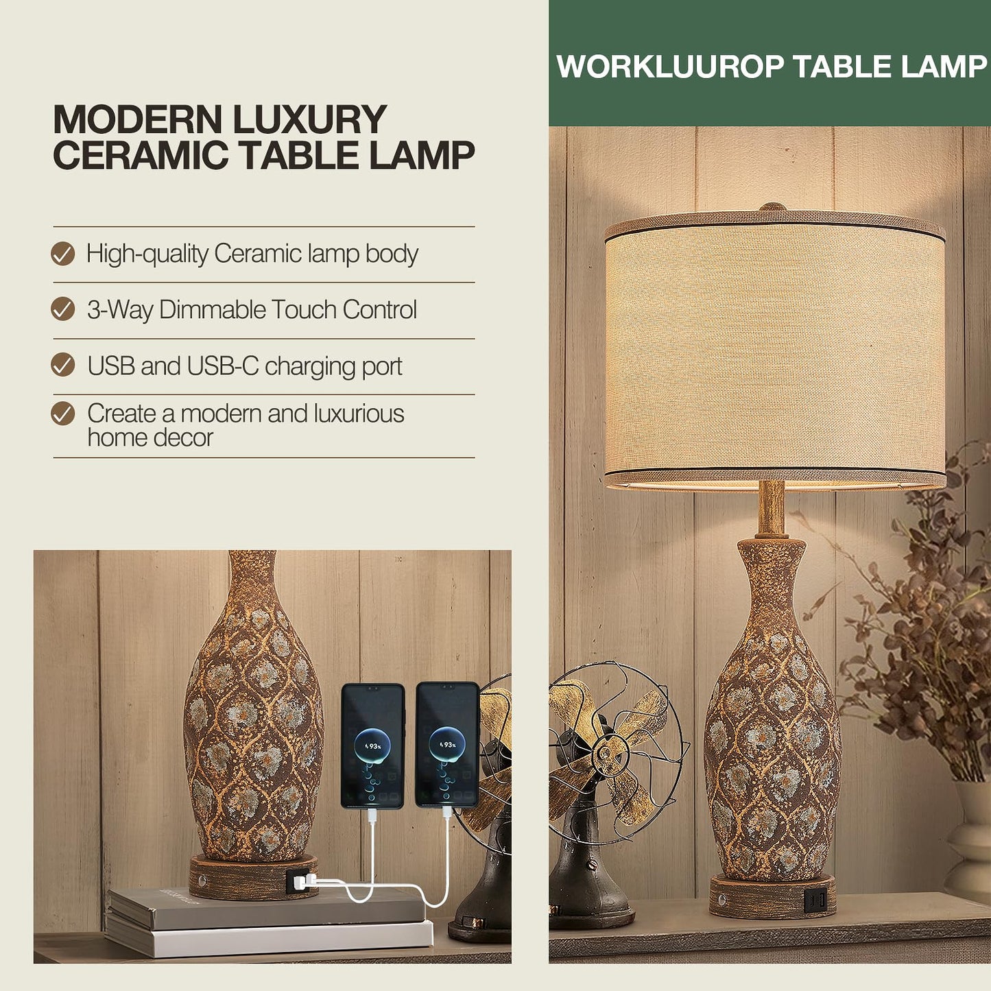 Set of 2 Touch Control Ceramic Table Lamps for Bedroom Livingroom