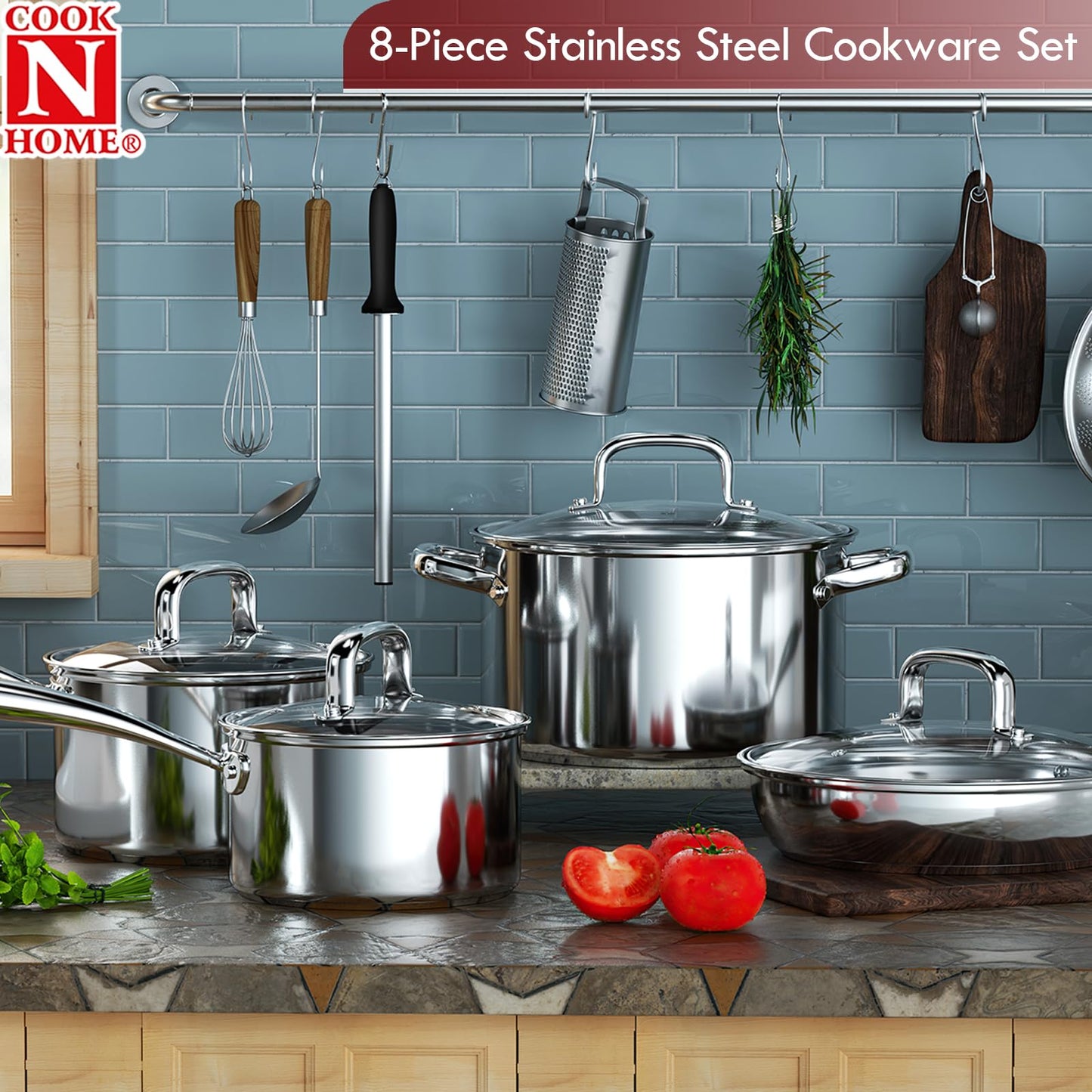 8-Piece Stainless Steel Pots and Pans Cookware Set, Silver