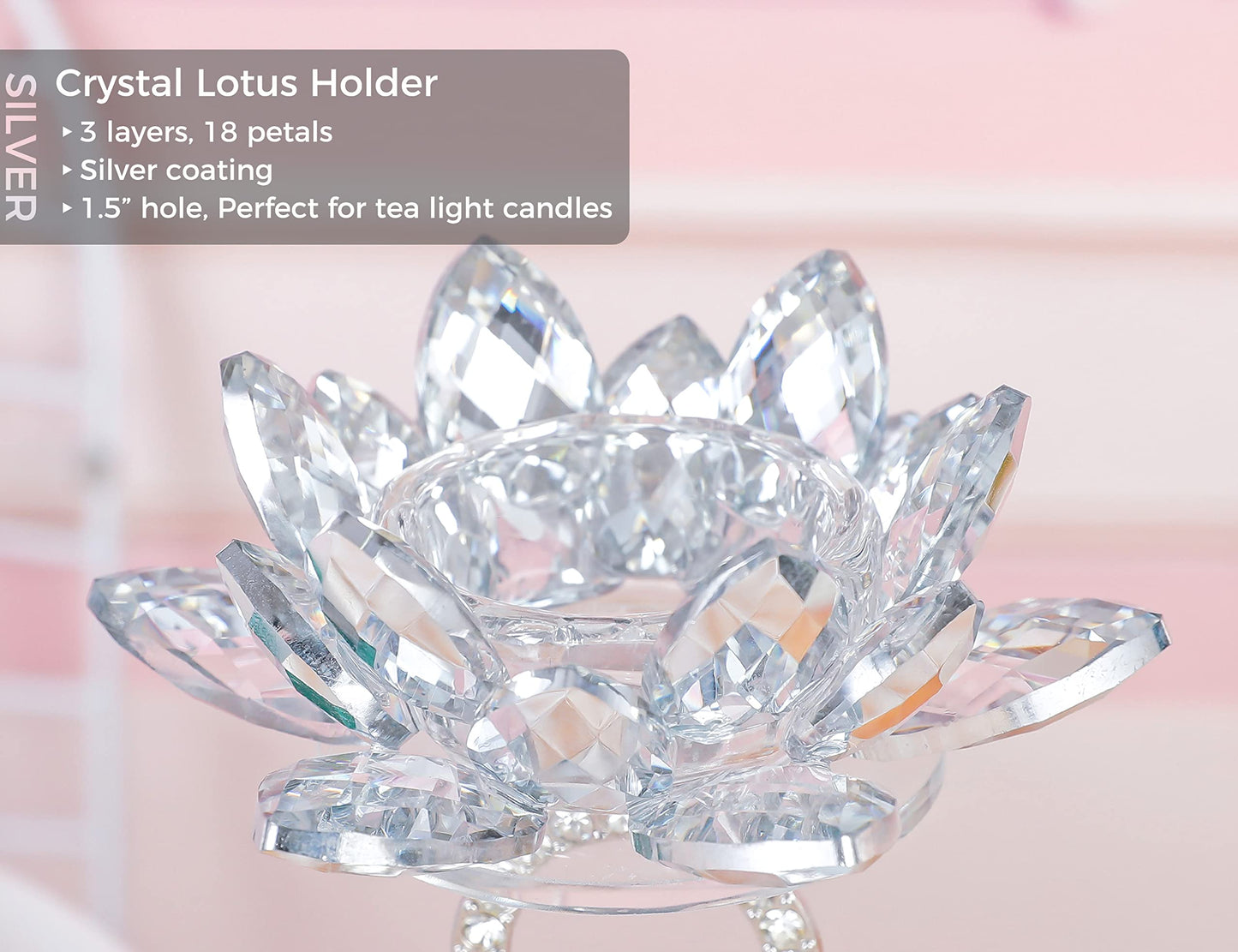 Set of 2, Lotus Flower Holder, Crystal Mirror Base, Silver Metal Bracket