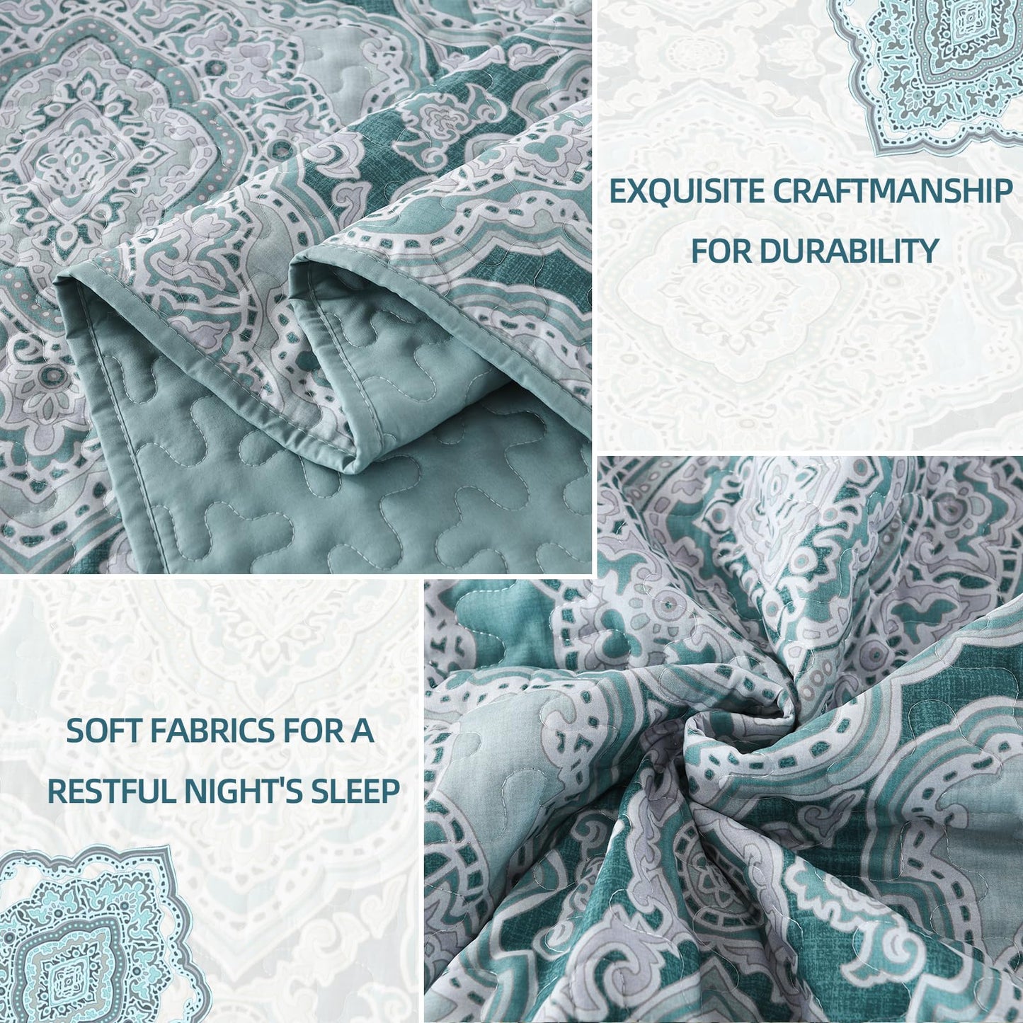 Blue Quilt Set Queen Size Boho Damask Bedspread Sets