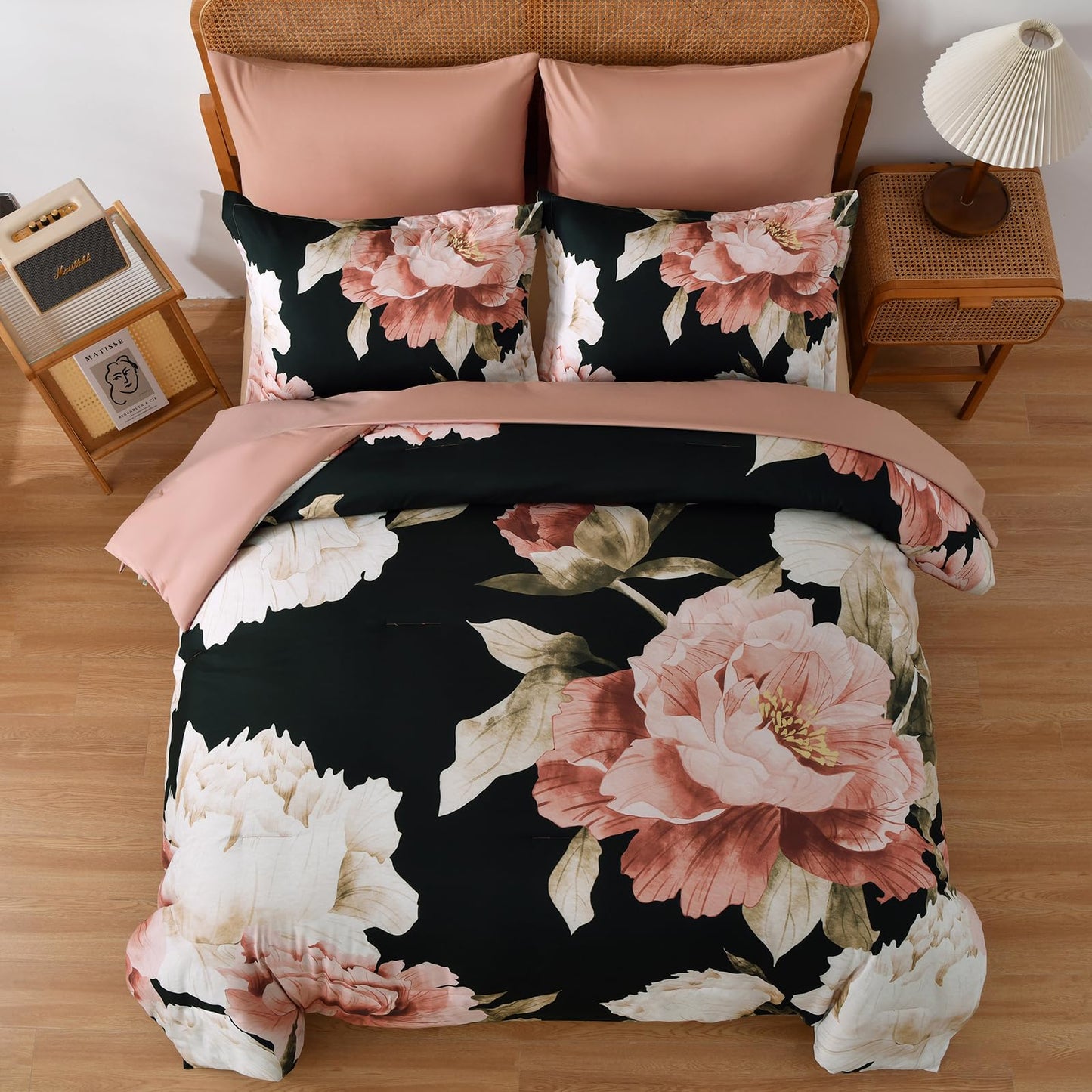 Black Queen Comforter Set 7 Piece Bed in a Bag, Pink Floral Printed