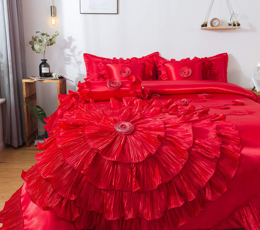 Solid Bright Red Satin Bedding Ruffle Comforter Queen Comforter Set Red