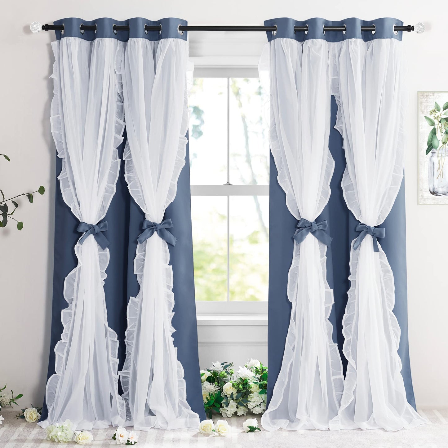 Blackout Window Treatment Double Layer Drapes Ruffle Sheer Overlay 2 Panels