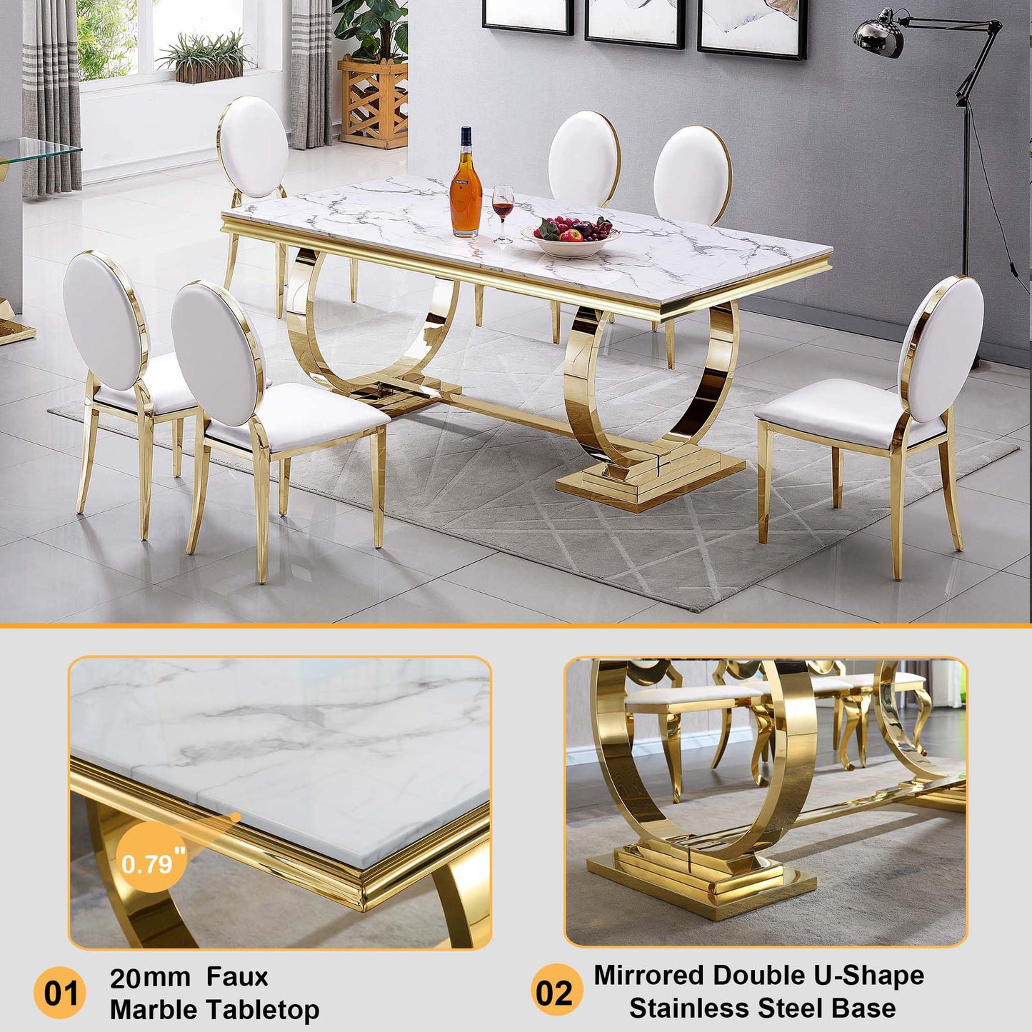 70 Inch White Marble Kitchen Table with Gold Mirrored Cabriole Legs