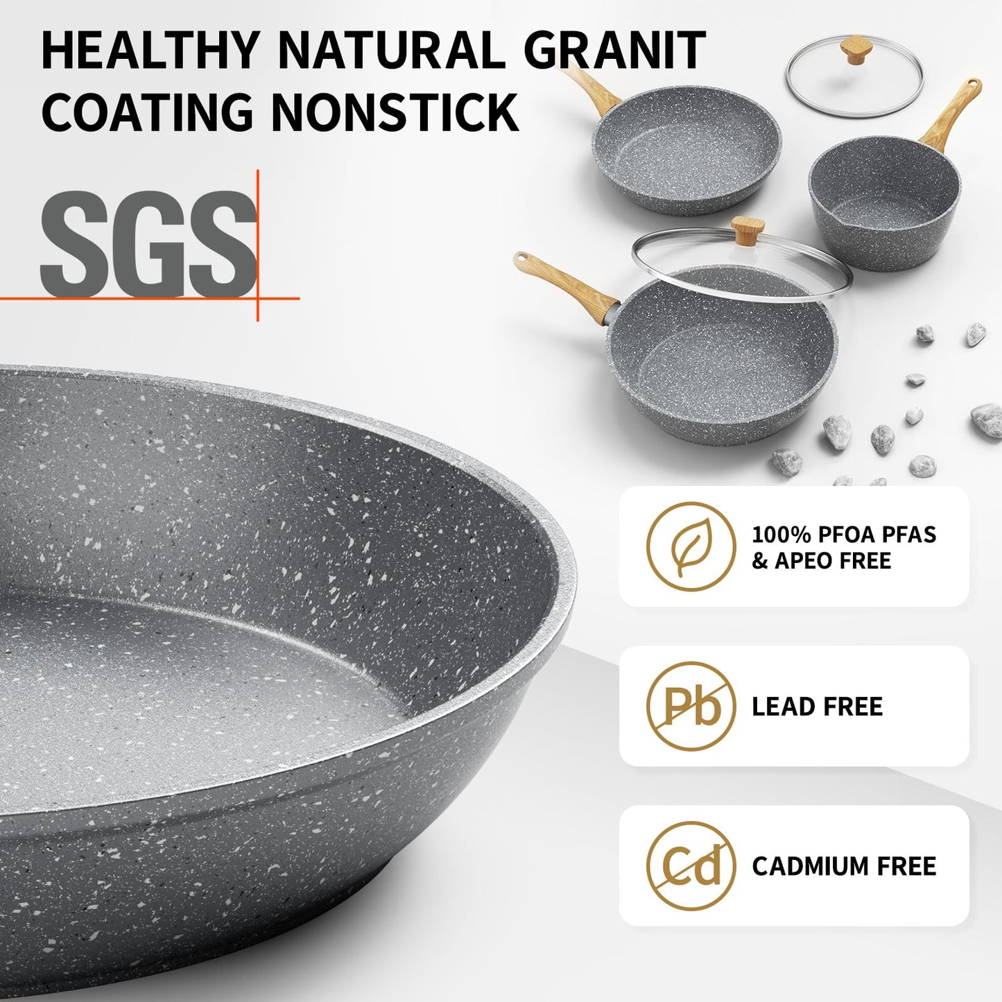 Nonstick Frying Pan Set, Non Stick Sauce Pan Set with Lid Gold Granite Pans