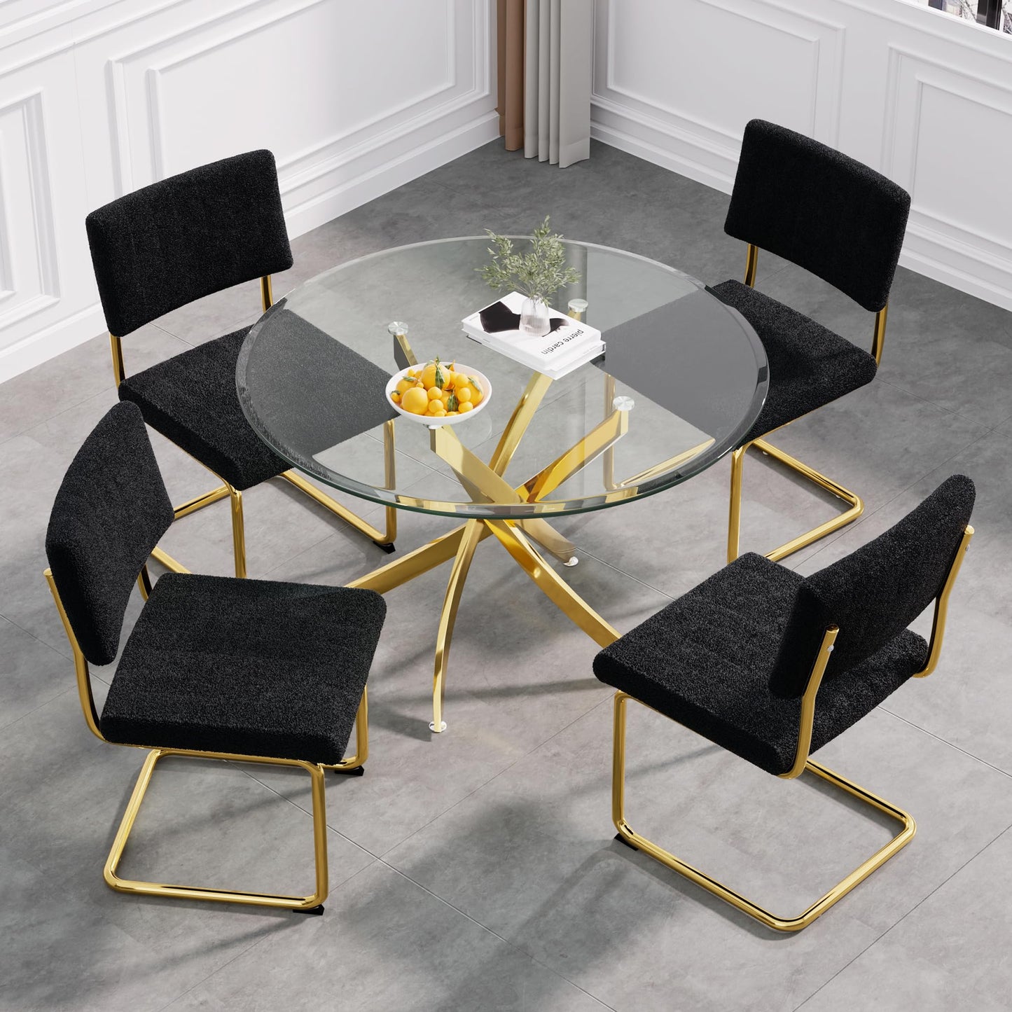 5 Piece Round Glass Dining Table Table Set, Round Glass with 4 PU Dining Chairs