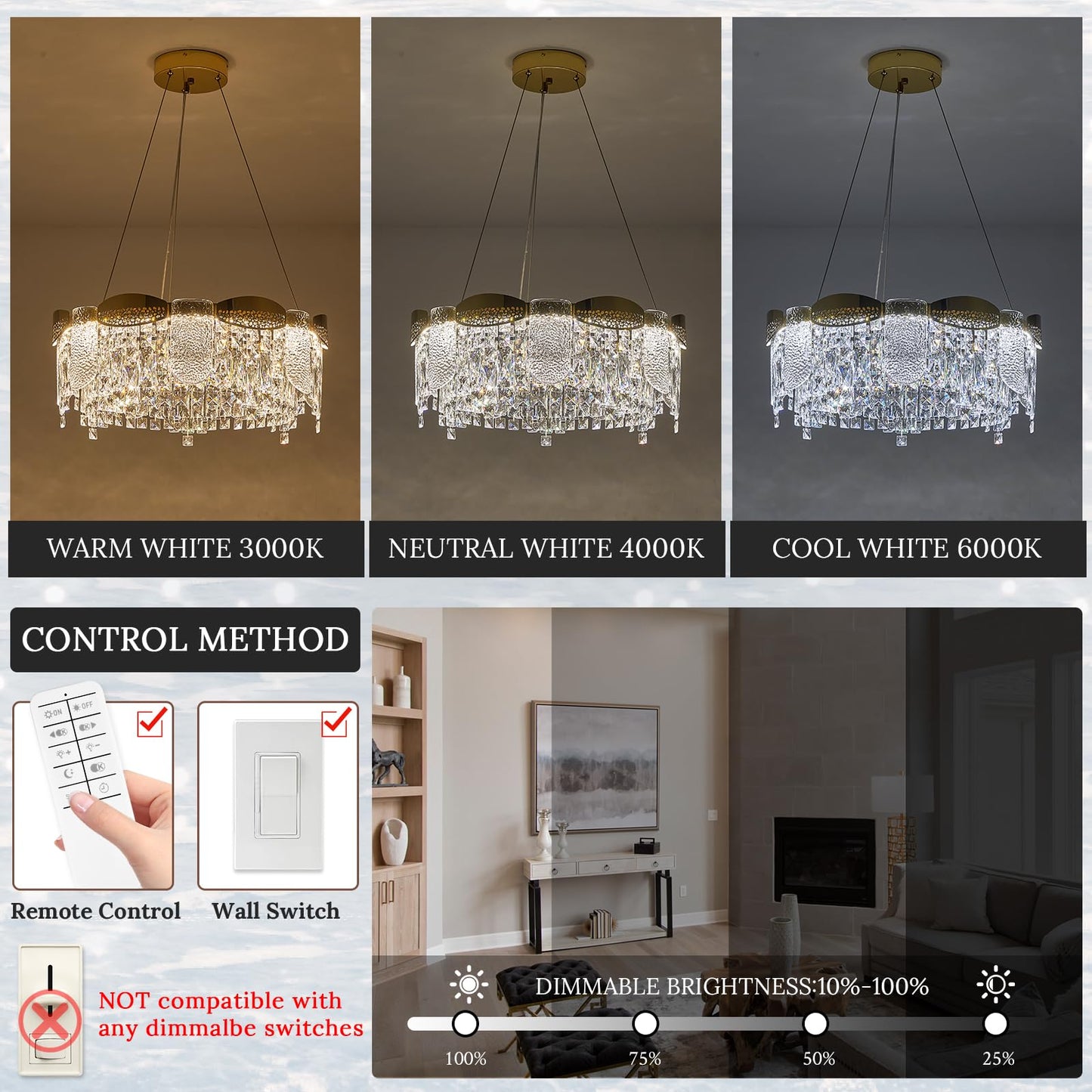 Gold Crystal Chandelier - Dimmable Contemporary Chandelier