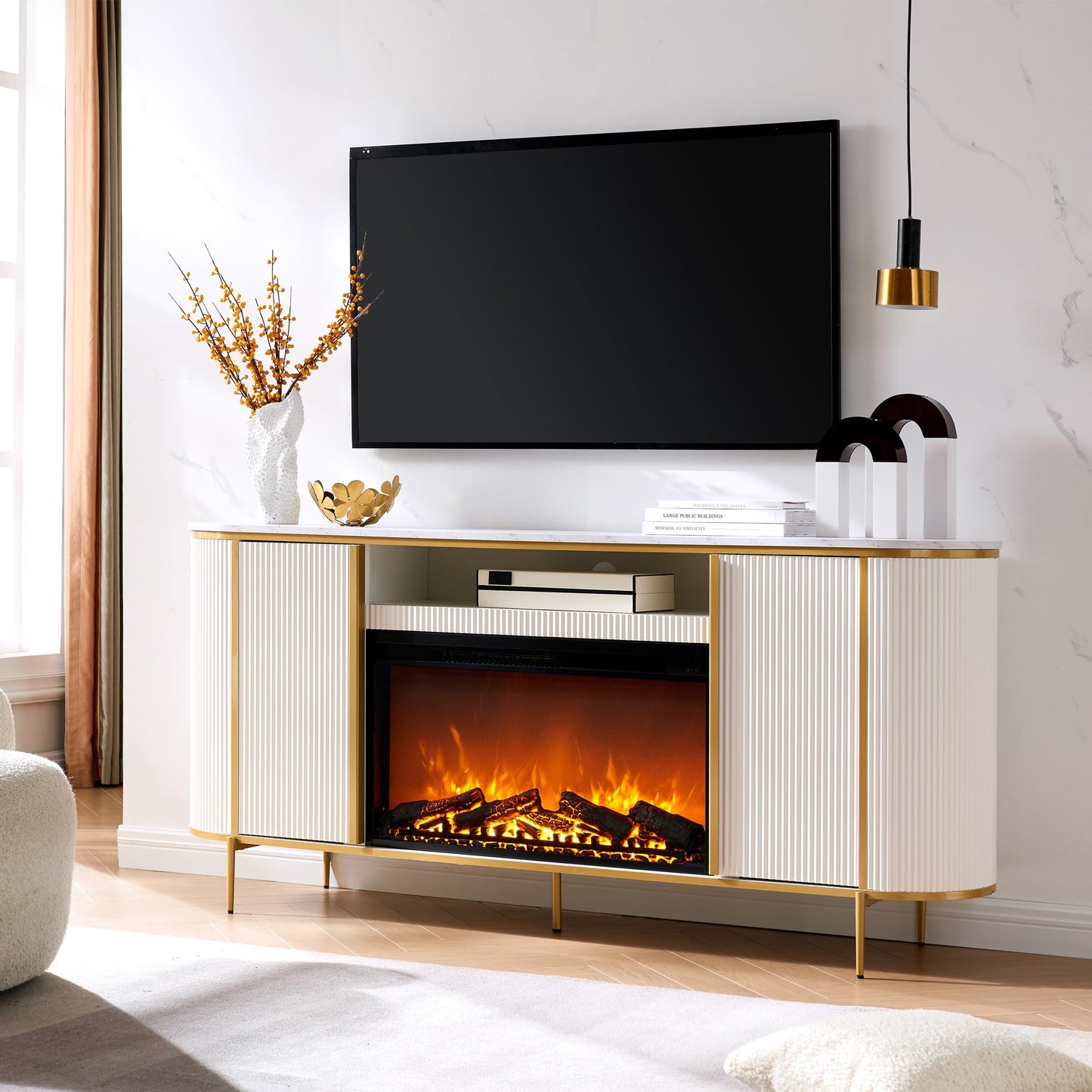 Luxury 70" Fluted Fireplace TV Stand, Modern Chic  for TVs Up to 80 inches