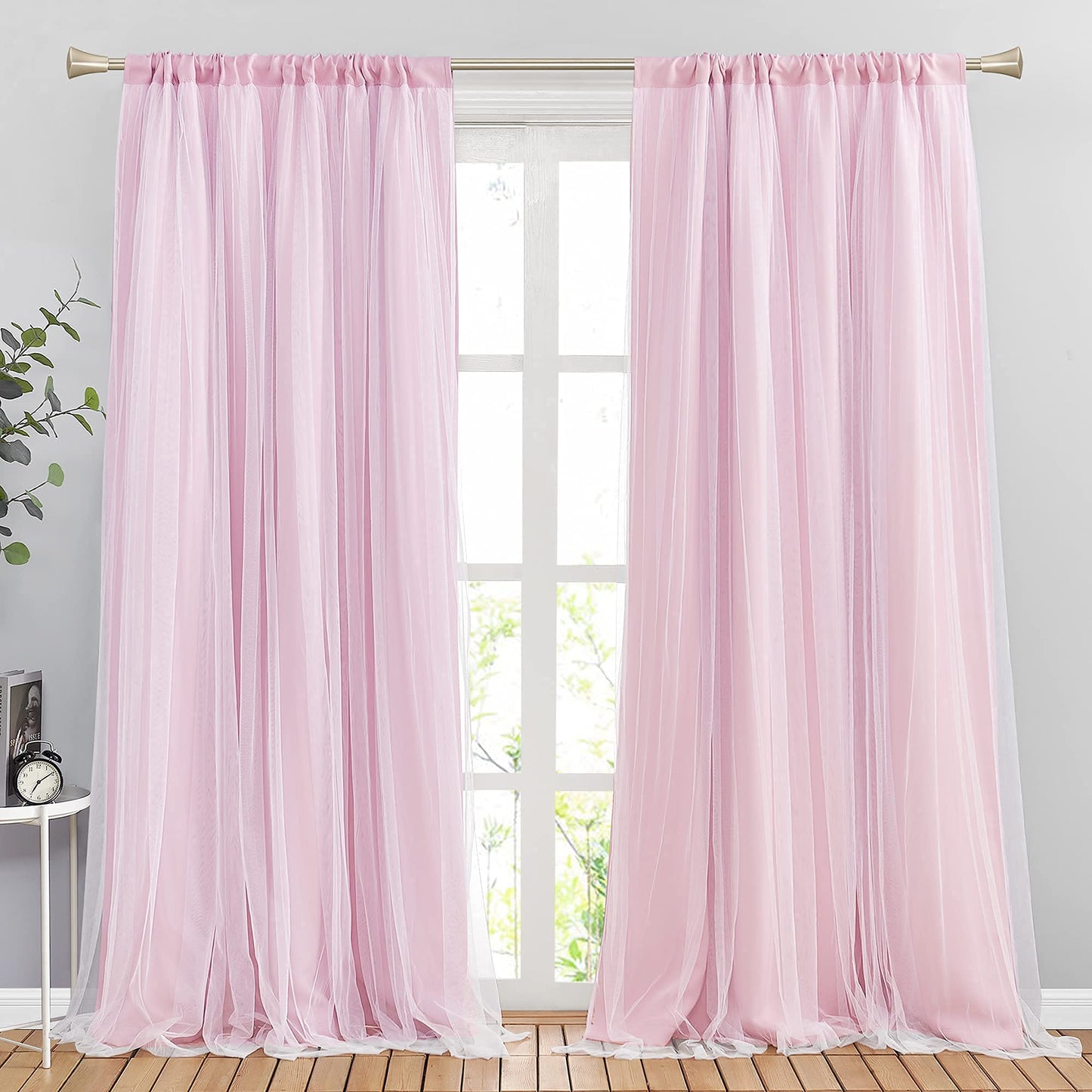 Double-Layered Curtains with Tie-Backs Sheer Drapes Light Blocking, 2 Pcs