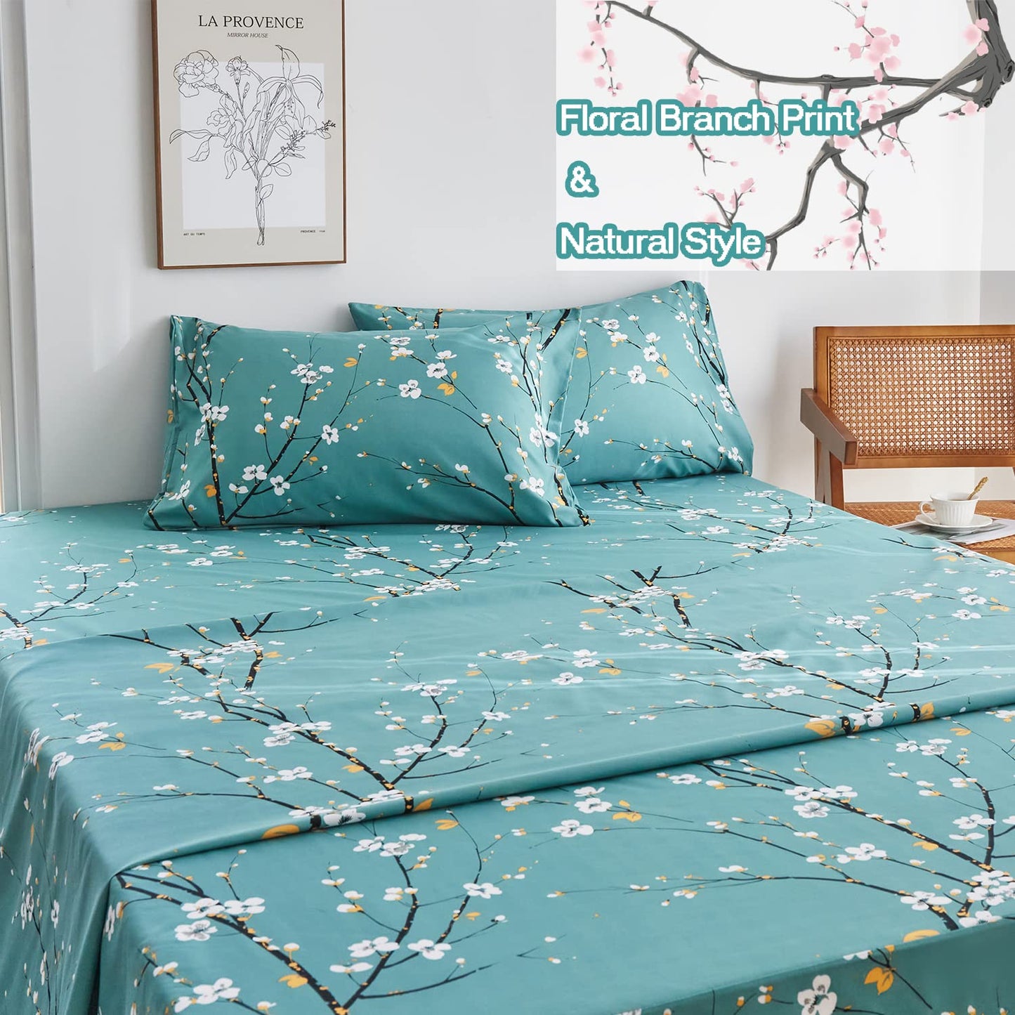 Teal Sheet Set 4 Pcs Queen Sheet Set Floral Print