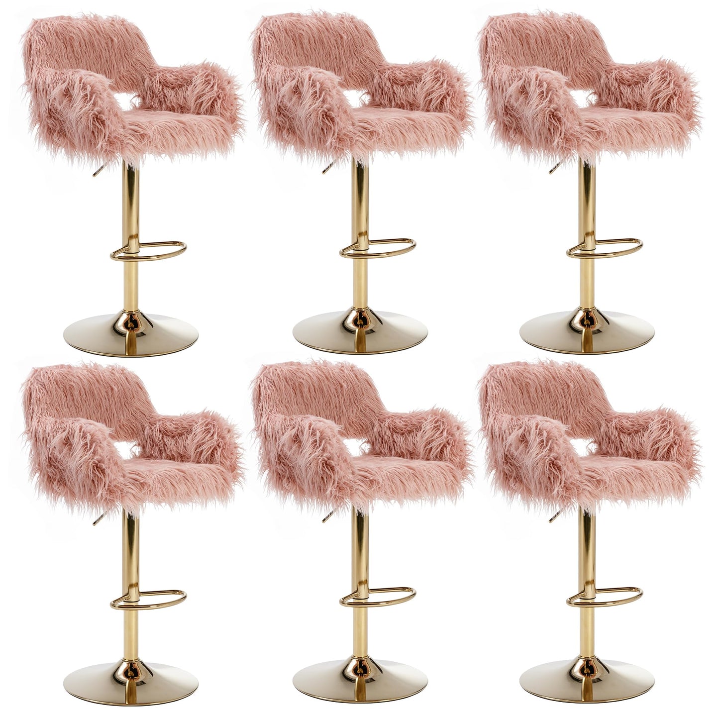 Pink Bar Stools Set of 2, Fuzzy Gold Counter Stools for Kitchen Island