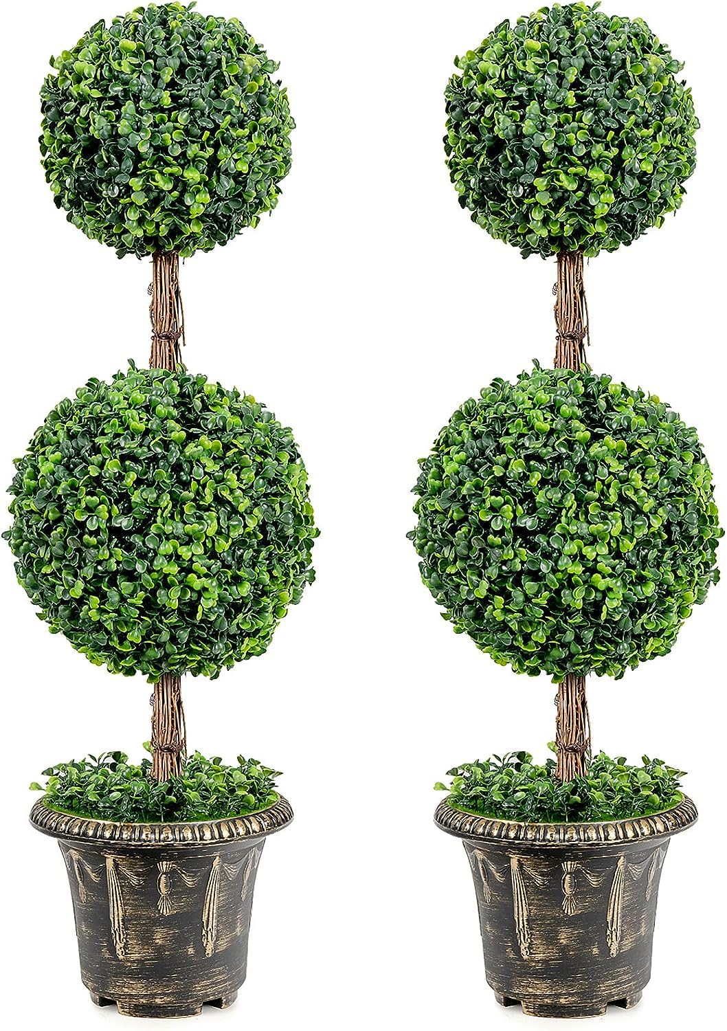 4ft 2 Pack Artificial Boxwood Topiary Tree, Fake Greenery Plants Ball Tree