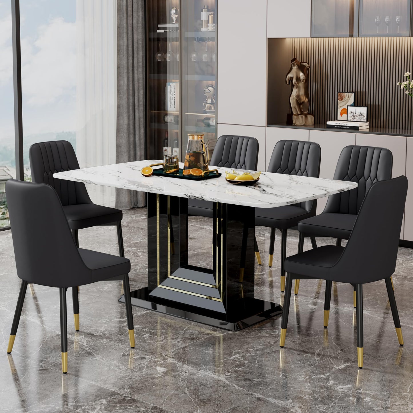 Dining Table Set for 6, White Faux Marble Pattern Table with 6 Modern Dining Chairs