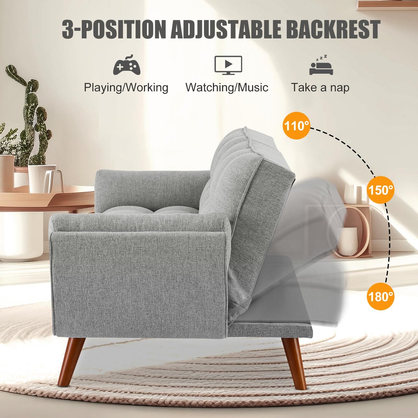 Convertible Futon Couch Bed, Sleeper Sofa Bed with Adjustable Backrests