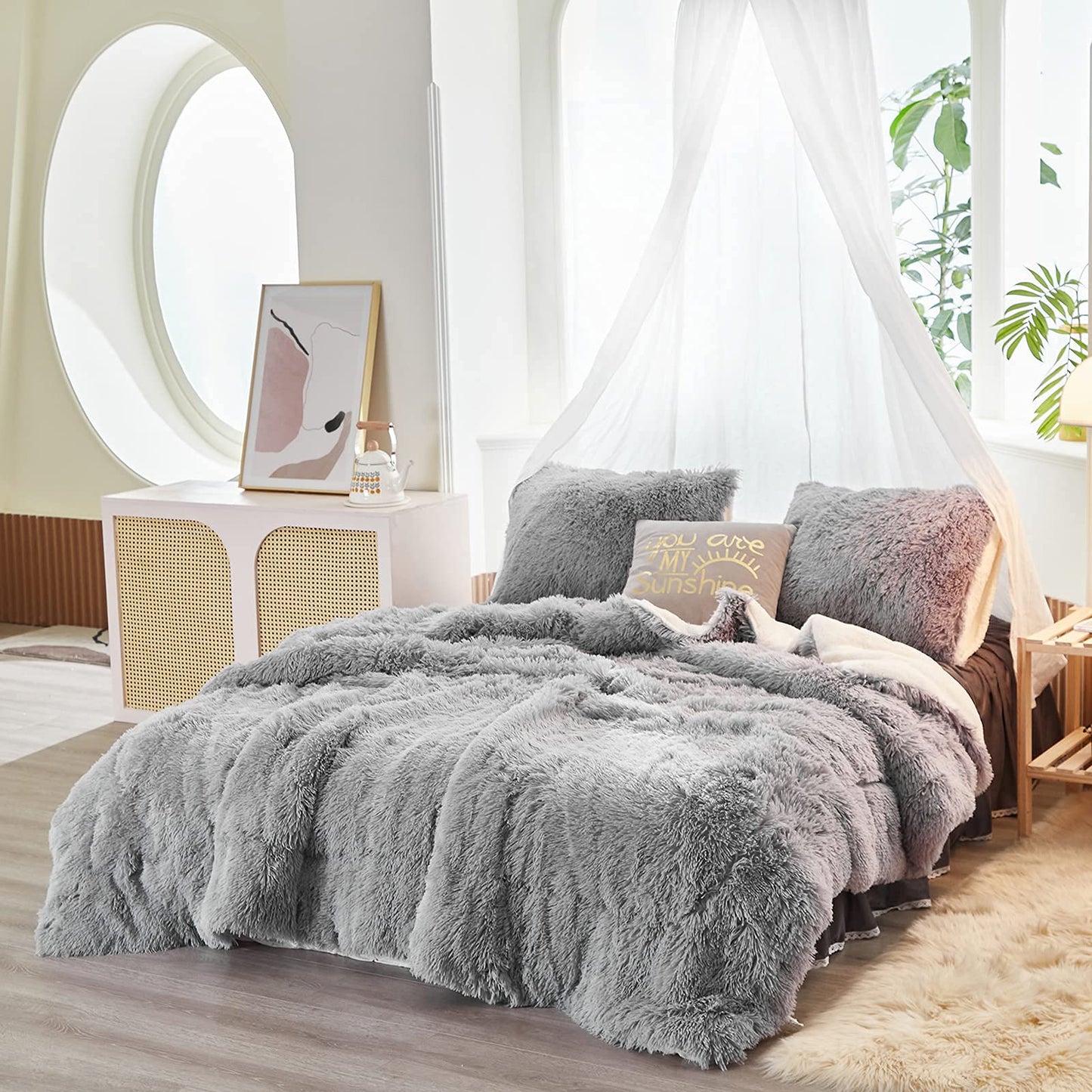 Gray Faux Fur Comforter Set Full/Queen 3 Pieces Bedding Set