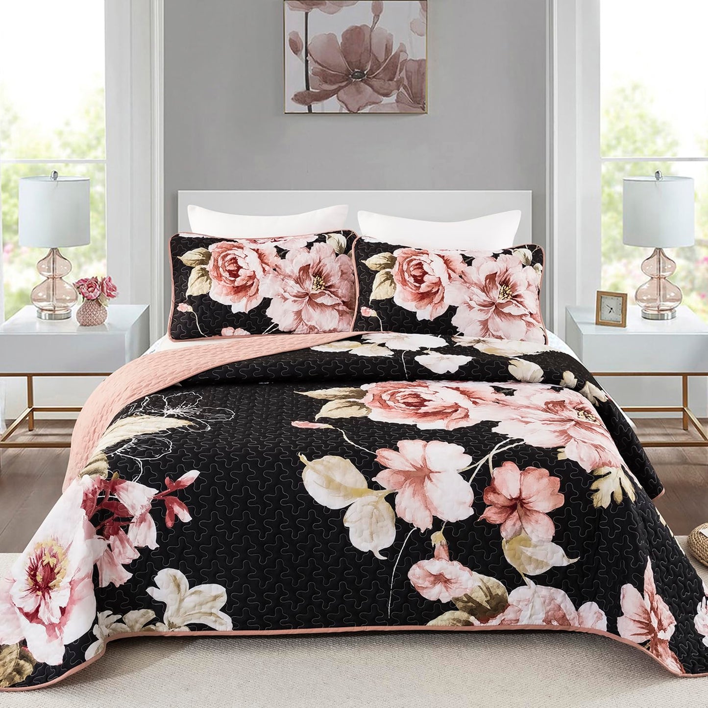 Purple Floral Quilt Set Queen Size, 3 Pieces Botanical Flower Printed