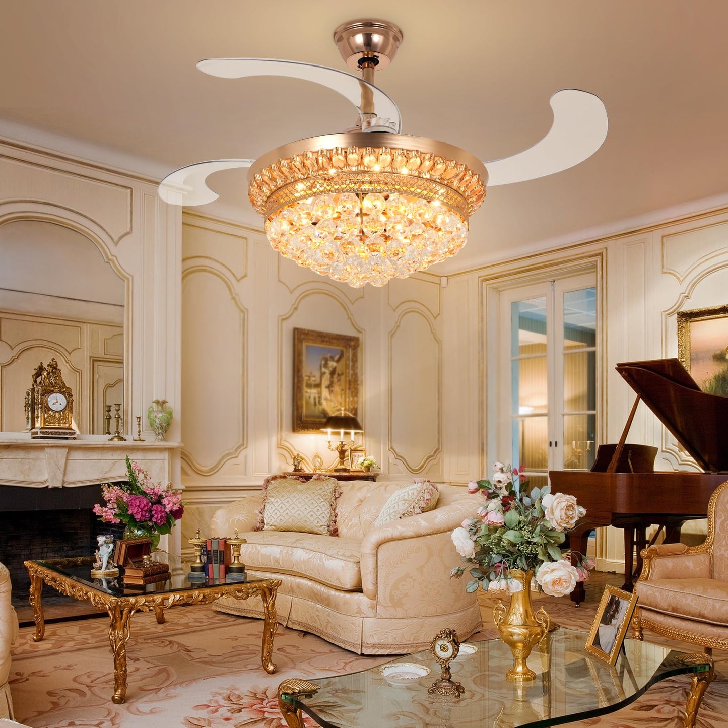 42" Crystal Chandelier Ceiling Fan and Remote, Gold Luxury Fan