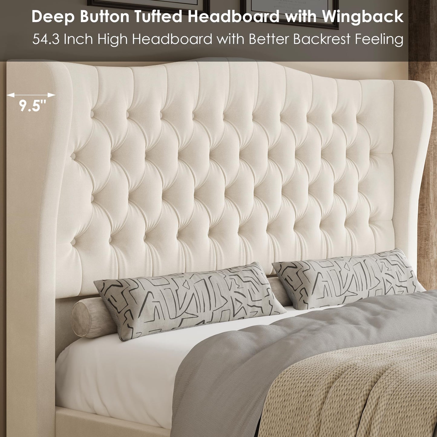 Tall Platform Bed Frame with Deep Button Tufted Wingback Headboard and Footboard