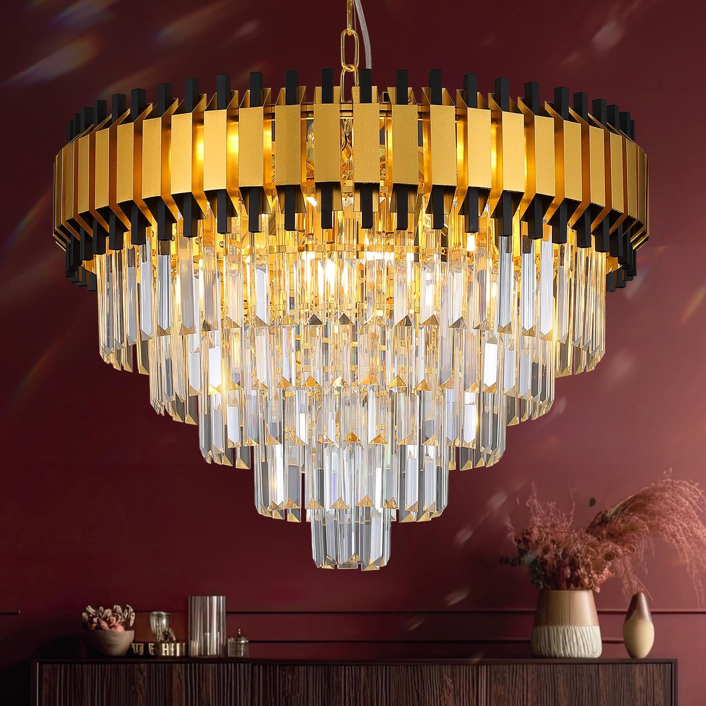 Modern Crystal Chandelier, 20’’ Black and Gold 4 Tiers Crystal