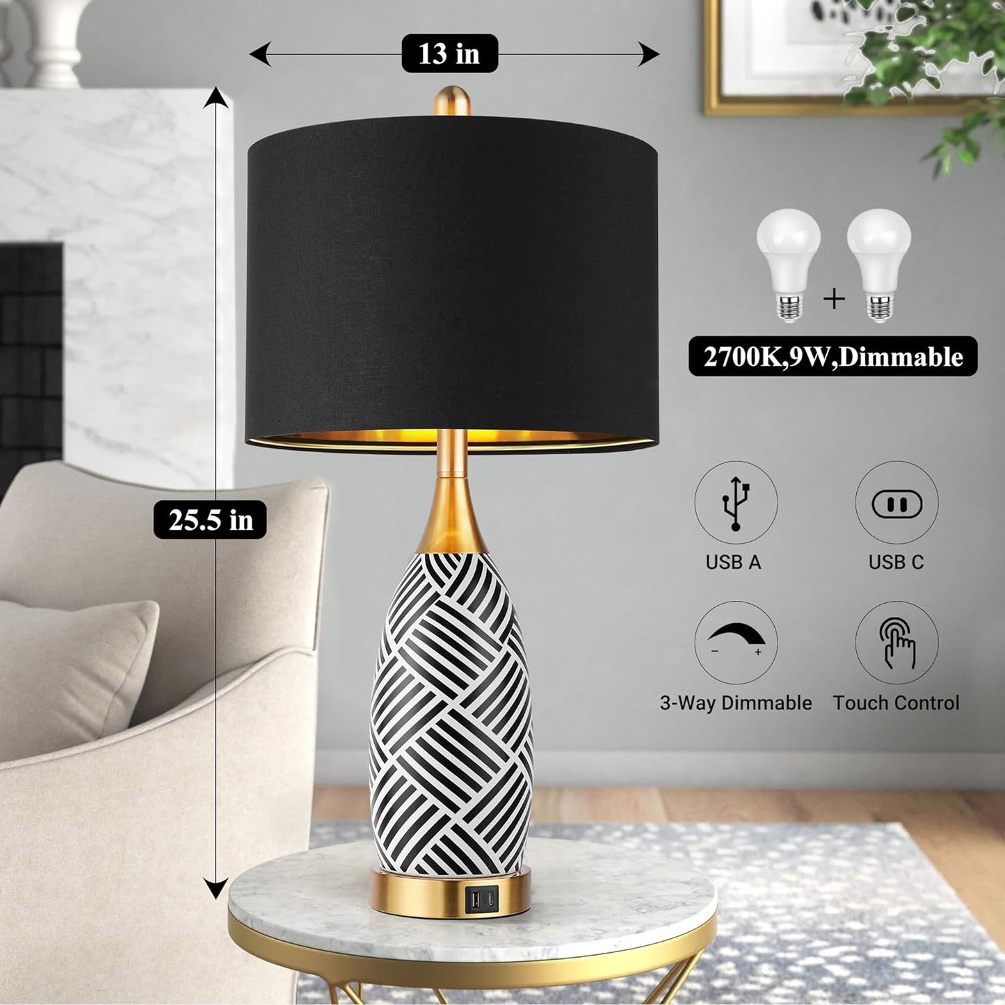 25.5" Touch Control Black and Gold Lamp,3-Way Dimmable