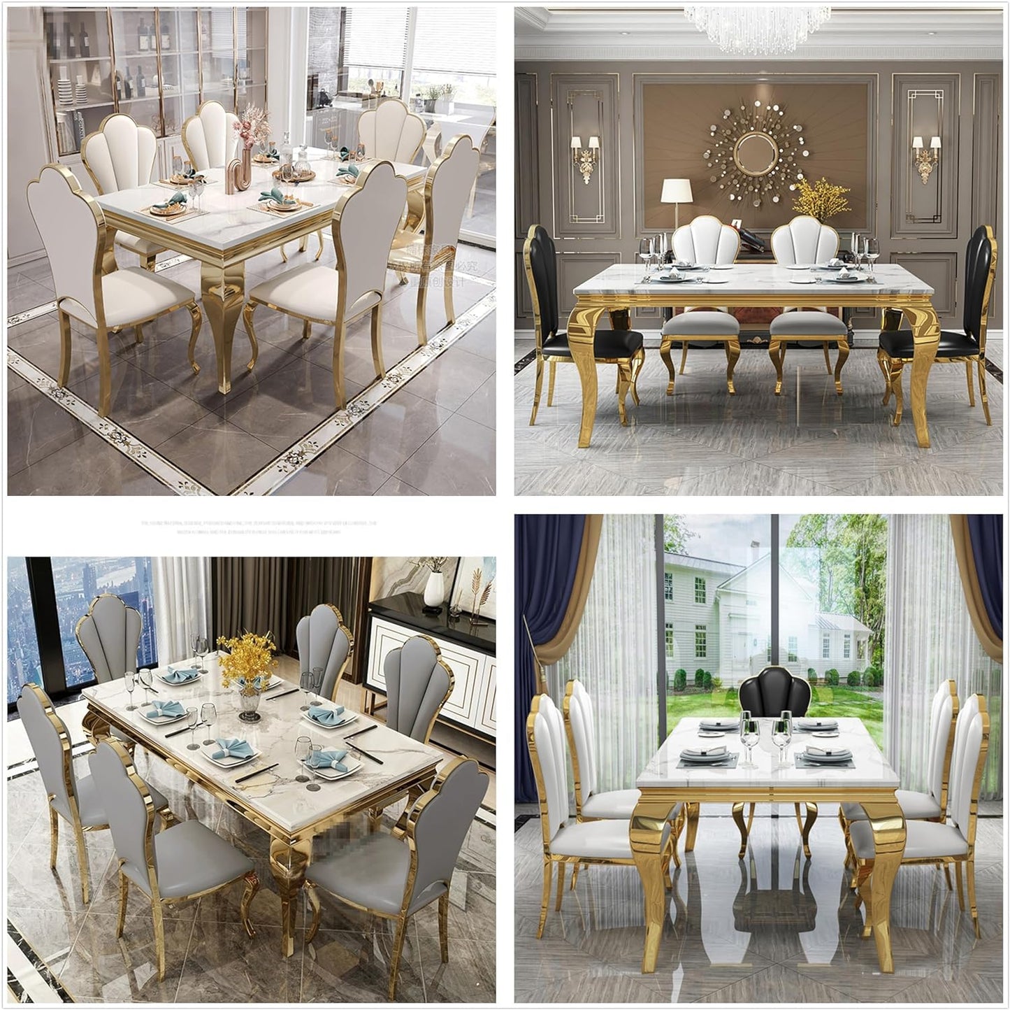 70 Inch White Marble Kitchen Table with Gold Mirrored Cabriole Legs