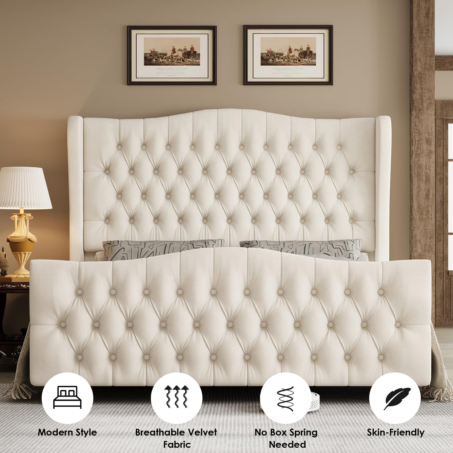 Tall Platform Bed Frame with Deep Button Tufted Wingback Headboard and Footboard