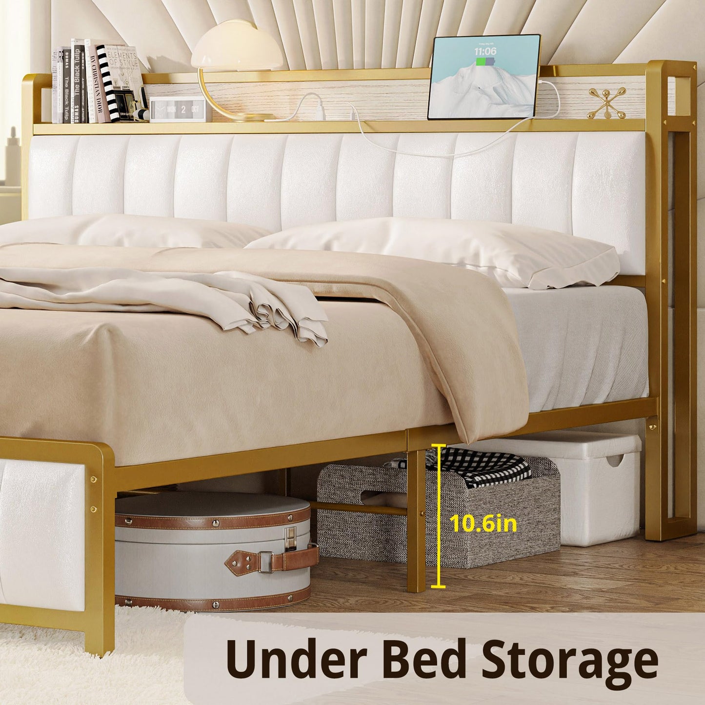 King Bed Frames, Storage Headboard with Charging Station