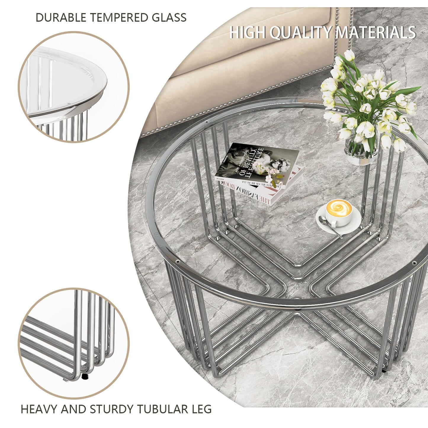 Coffee Tables for Living Room, Round Gold Glass Top Coffee Table