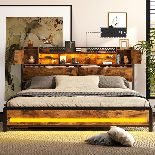 King size Bed Frame with Charging Station, Adjustable RGB LED