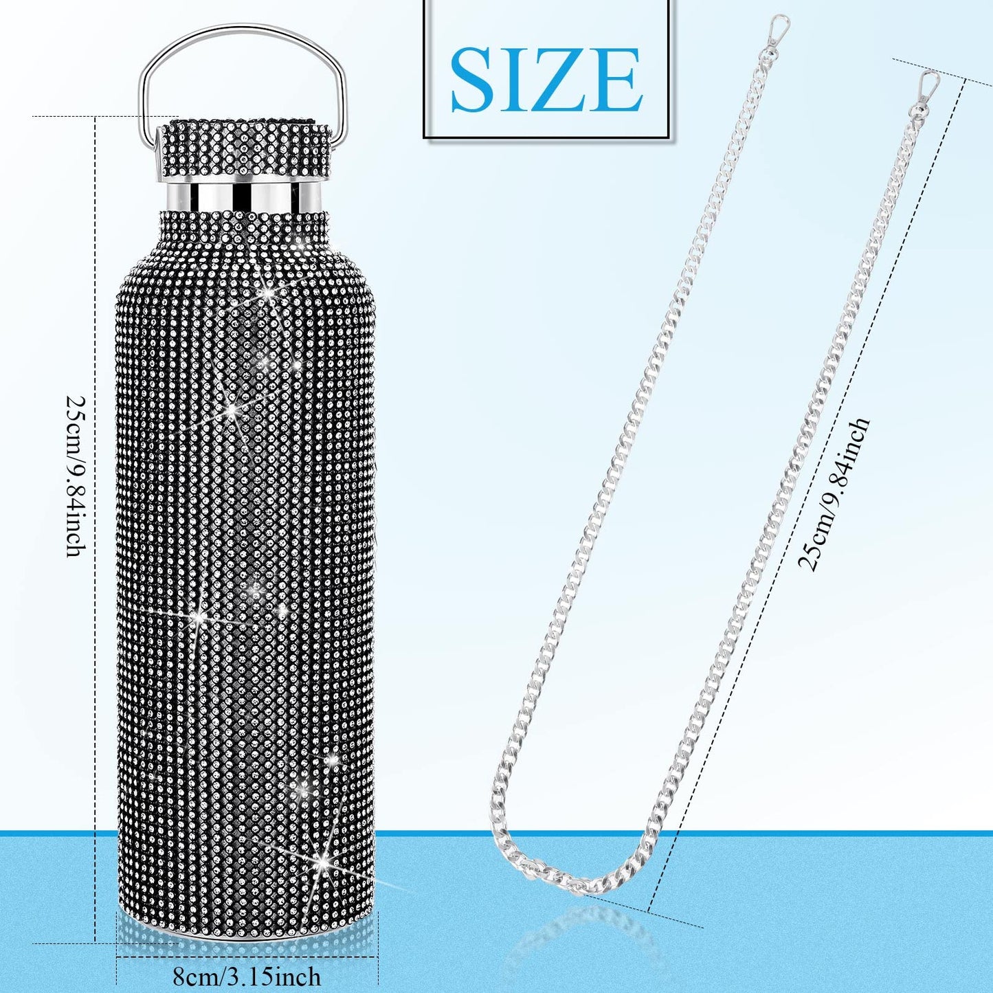 2 Pieces Bling Water Bottle Diamond - Rhinestone with Chain Stainless Steel