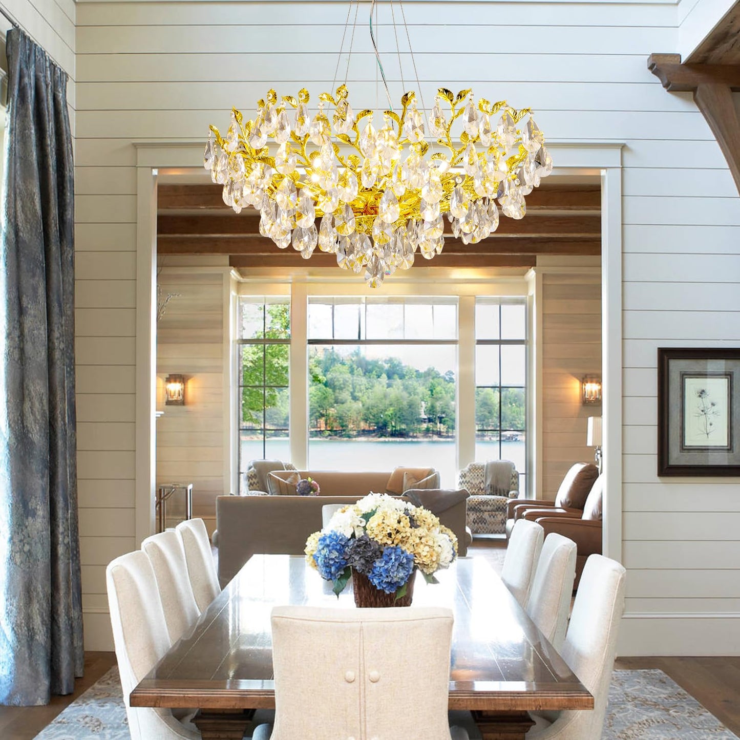 Modern Crystal Chandelier, Gold Pendant Flower Hanging Lighting