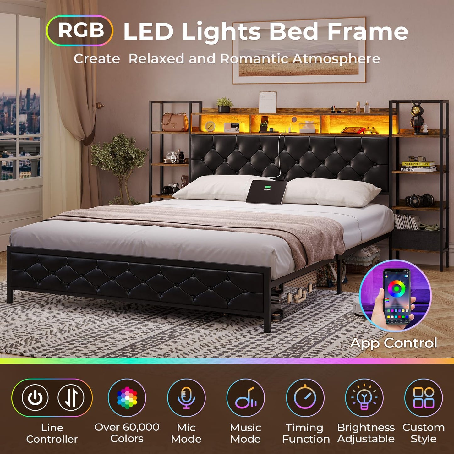 Queen Bed Frame with Storage Headboard and LED Lights