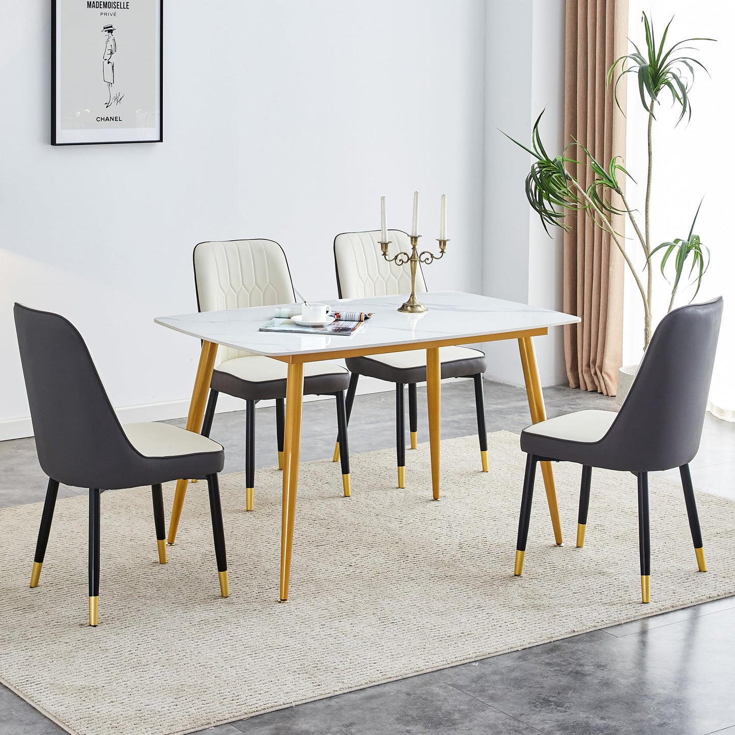 Dining Room Table Set for 4,Sintered Stone Kitchen Table Top and Modern Chairs