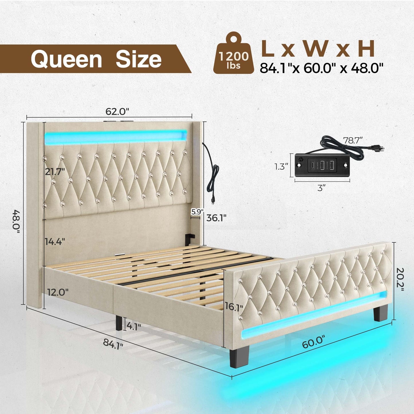 LED Light and Charging Station, Upholstered High Headboard and Footboard